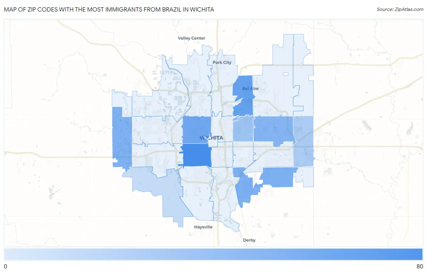 Zip Codes with the Most Immigrants from Brazil in Wichita Map