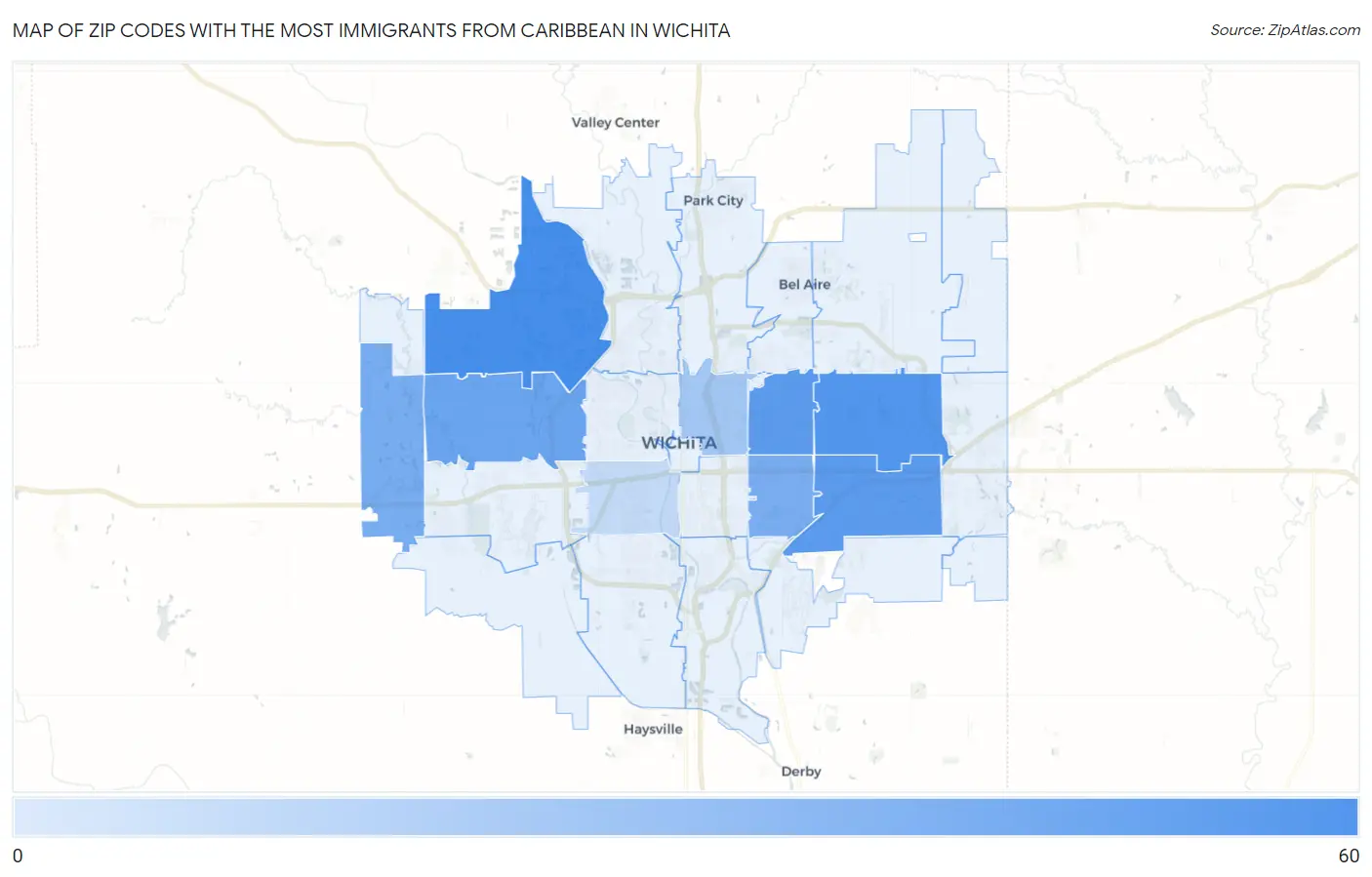 Zip Codes with the Most Immigrants from Caribbean in Wichita Map