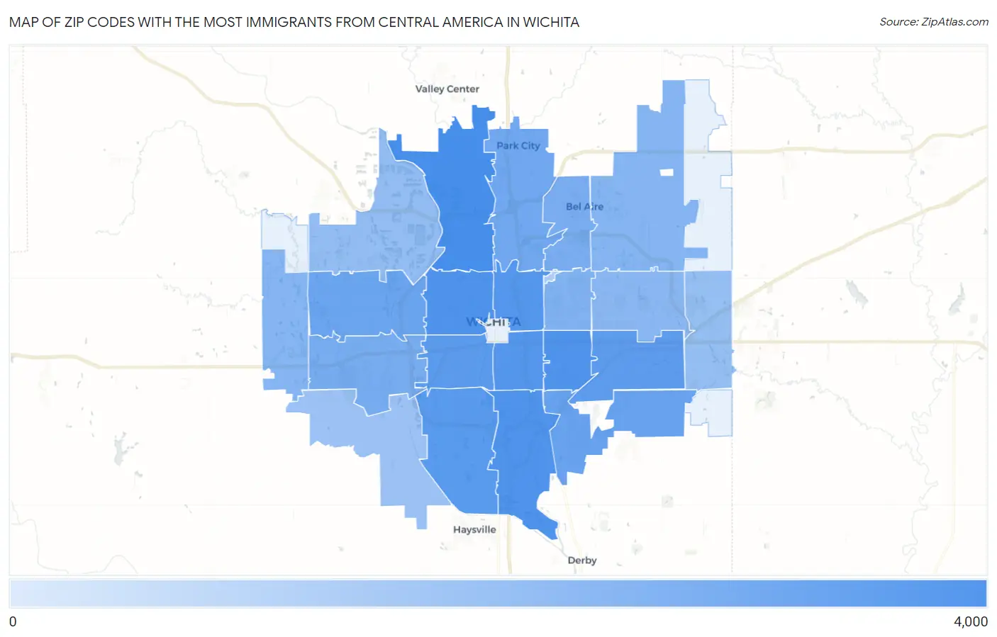 Zip Codes with the Most Immigrants from Central America in Wichita Map