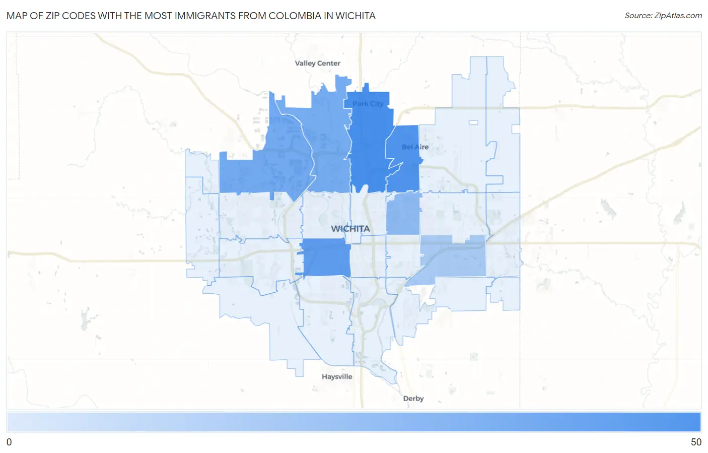 Zip Codes with the Most Immigrants from Colombia in Wichita Map