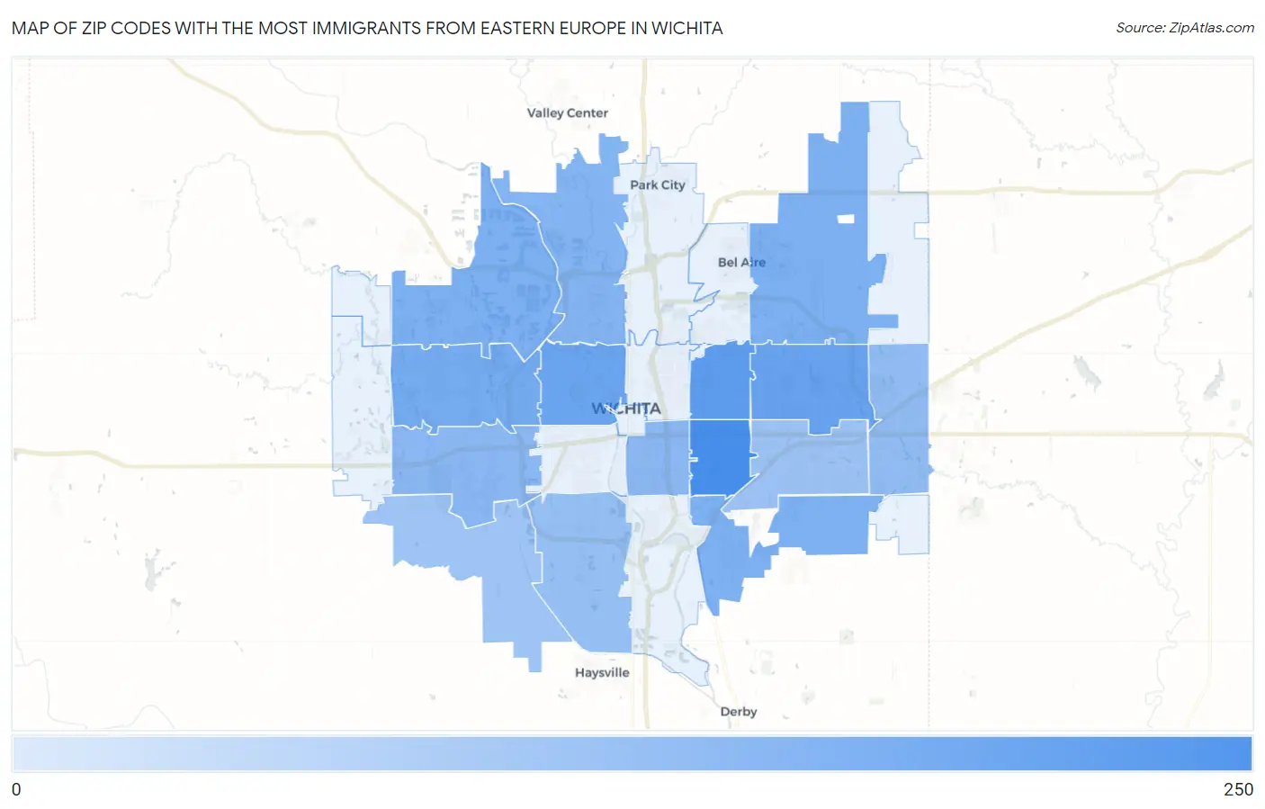 Zip Codes with the Most Immigrants from Eastern Europe in Wichita Map