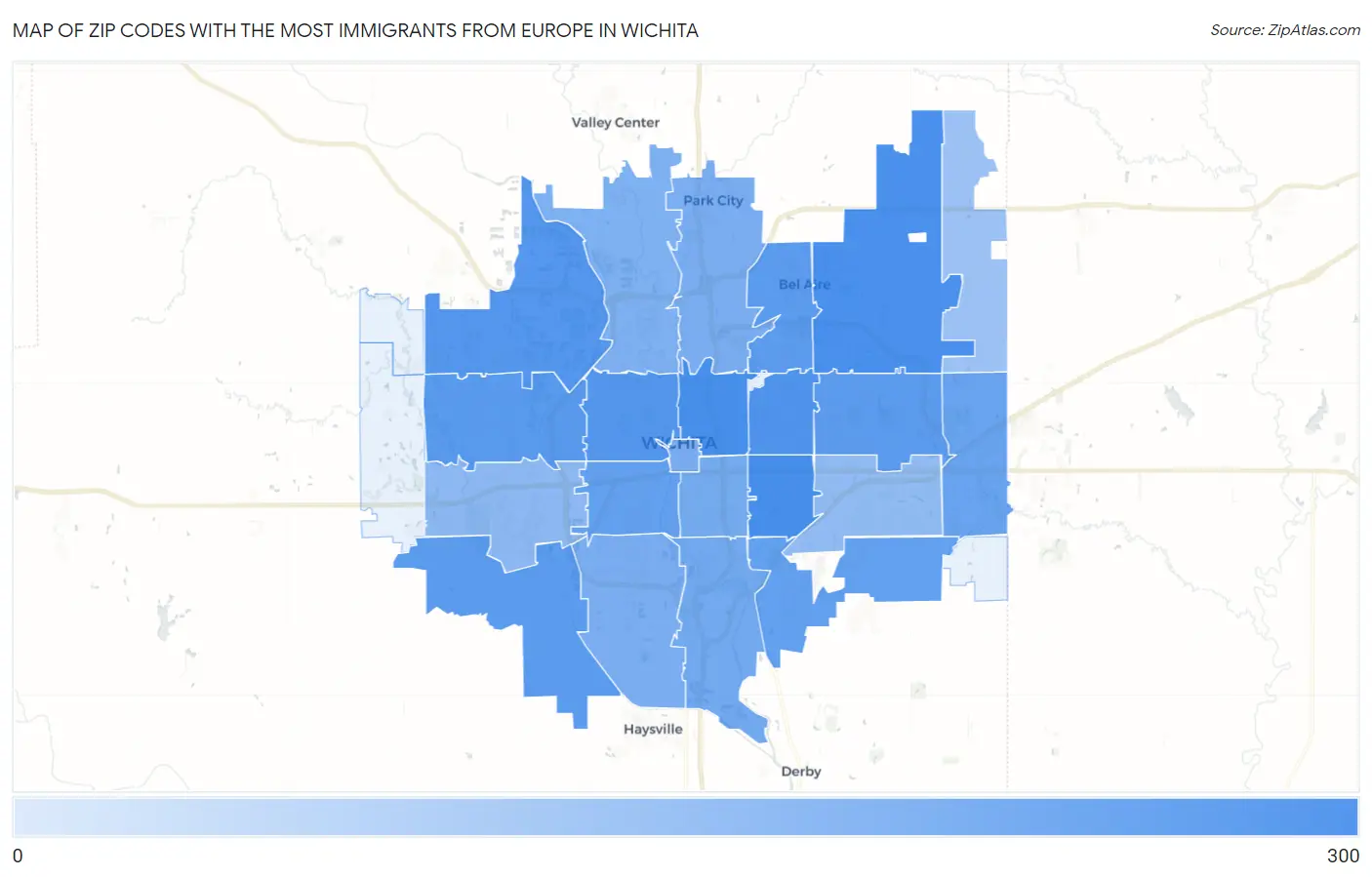 Zip Codes with the Most Immigrants from Europe in Wichita Map