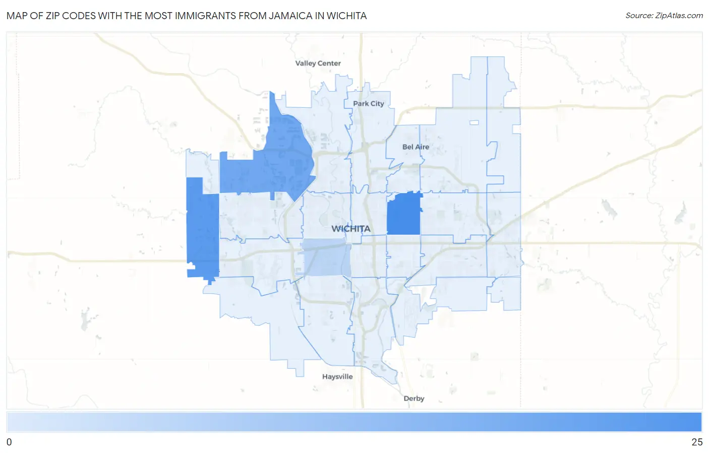 Zip Codes with the Most Immigrants from Jamaica in Wichita Map