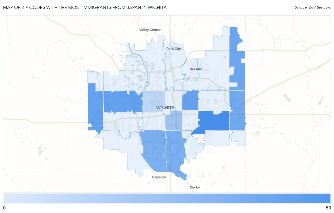 Zip Codes with the Most Immigrants from Japan in Wichita Map