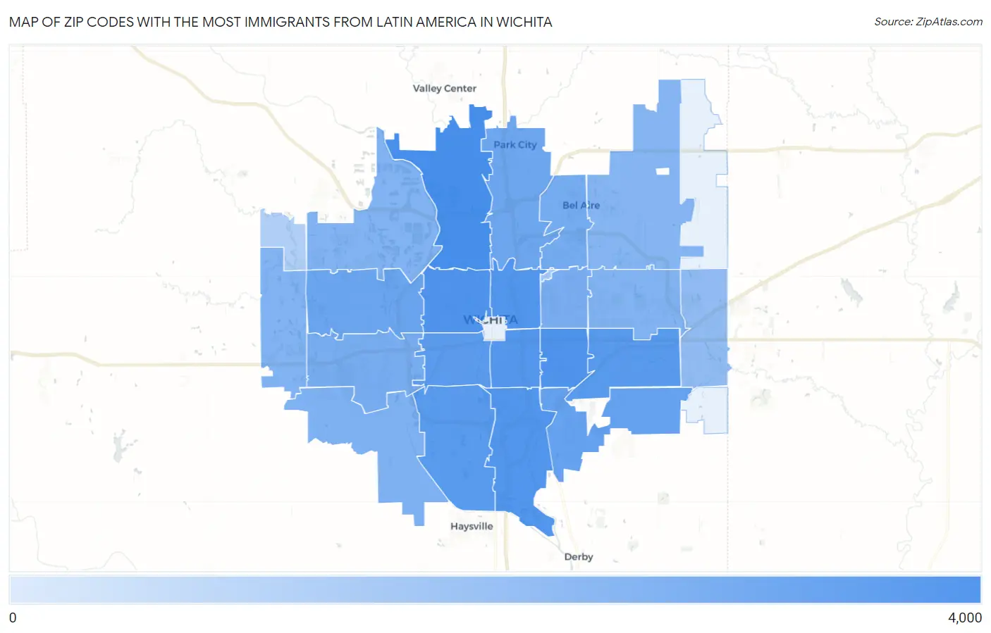 Zip Codes with the Most Immigrants from Latin America in Wichita Map