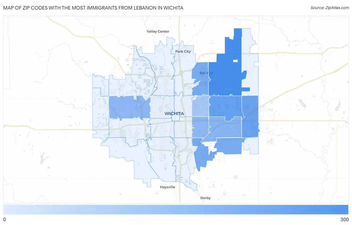 Zip Codes with the Most Immigrants from Lebanon in Wichita Map