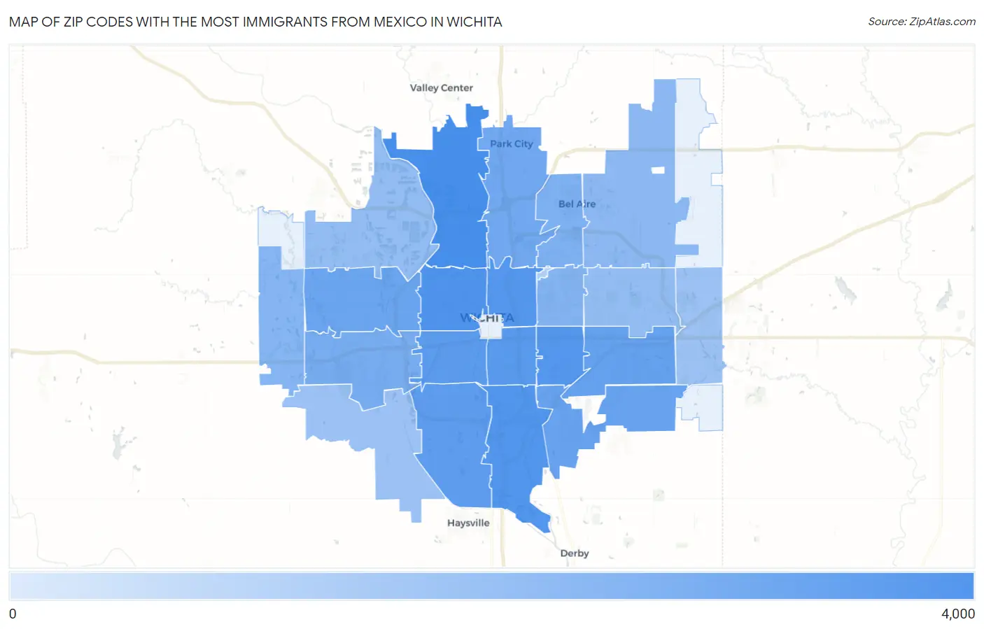 Zip Codes with the Most Immigrants from Mexico in Wichita Map