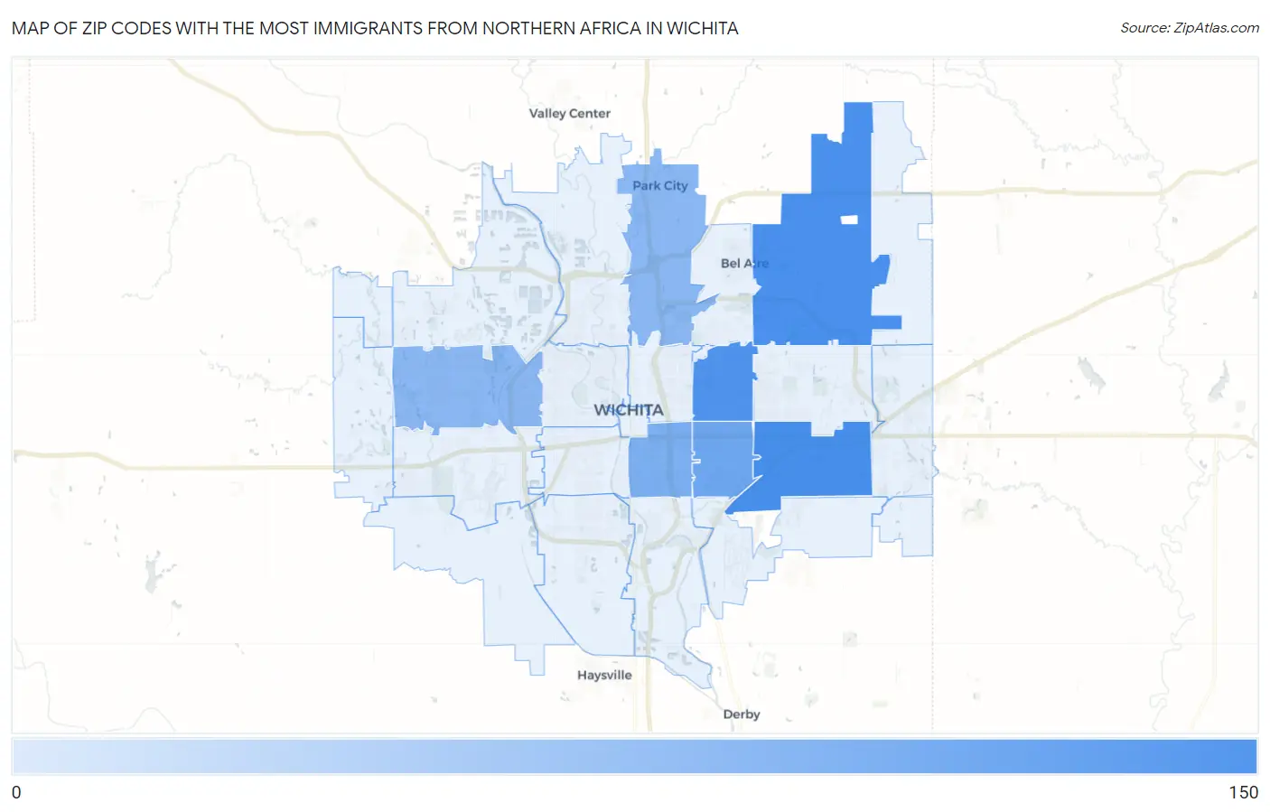 Zip Codes with the Most Immigrants from Northern Africa in Wichita Map