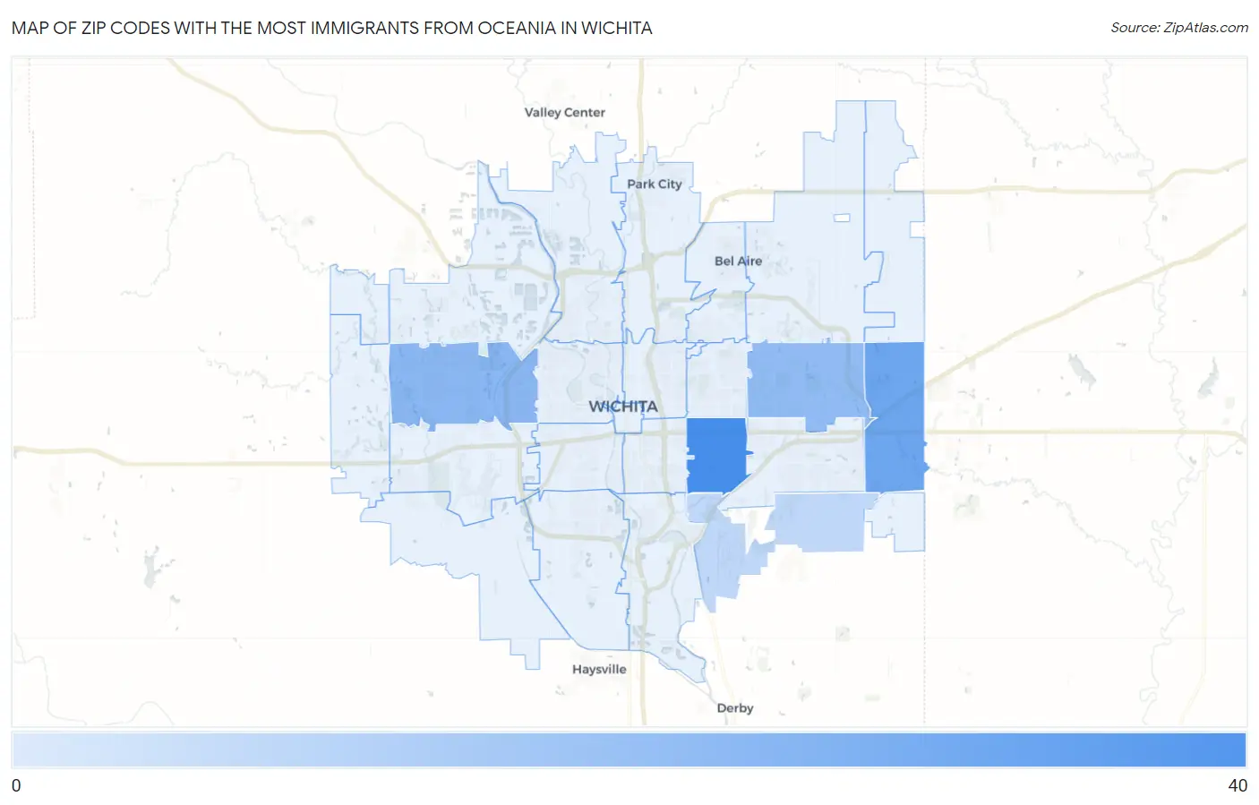 Zip Codes with the Most Immigrants from Oceania in Wichita Map