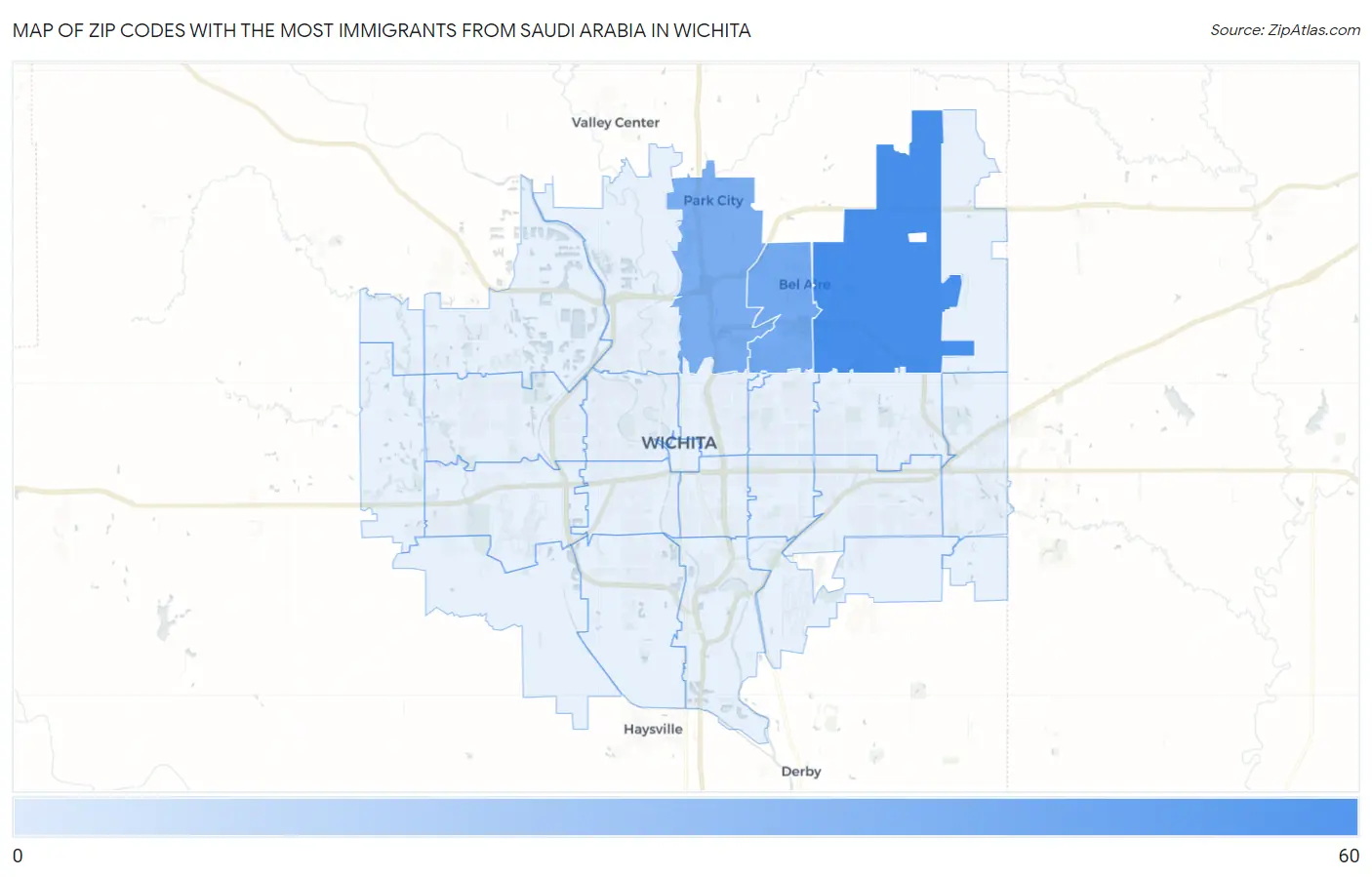 Zip Codes with the Most Immigrants from Saudi Arabia in Wichita Map