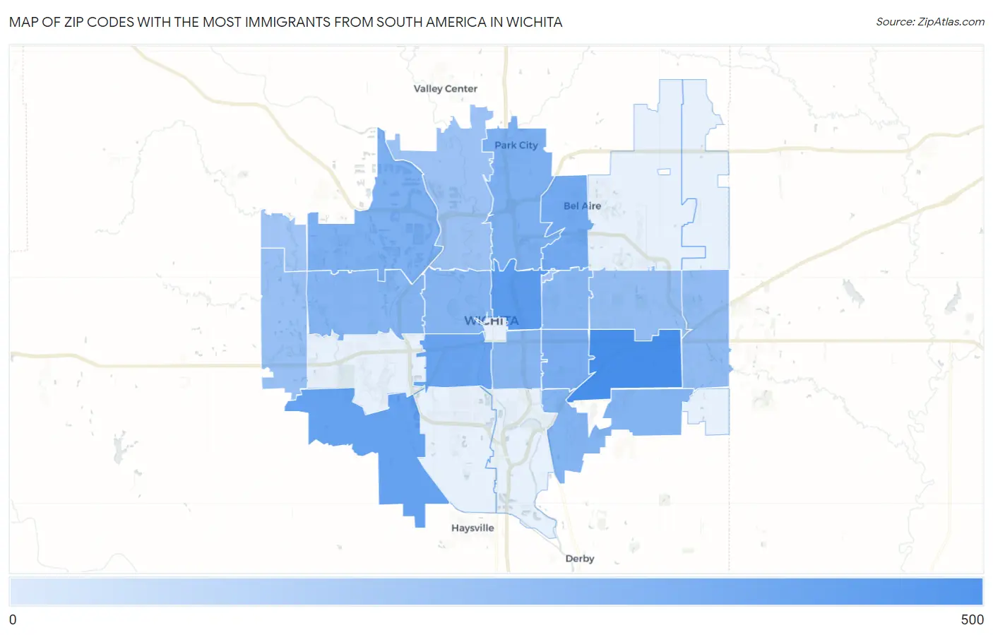 Zip Codes with the Most Immigrants from South America in Wichita Map