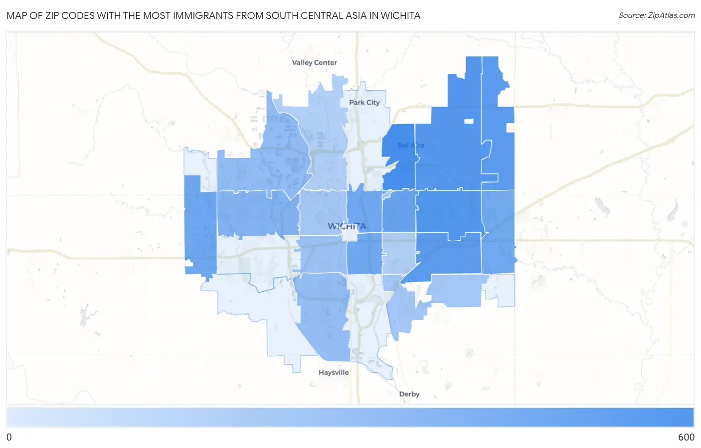 Zip Codes with the Most Immigrants from South Central Asia in Wichita Map