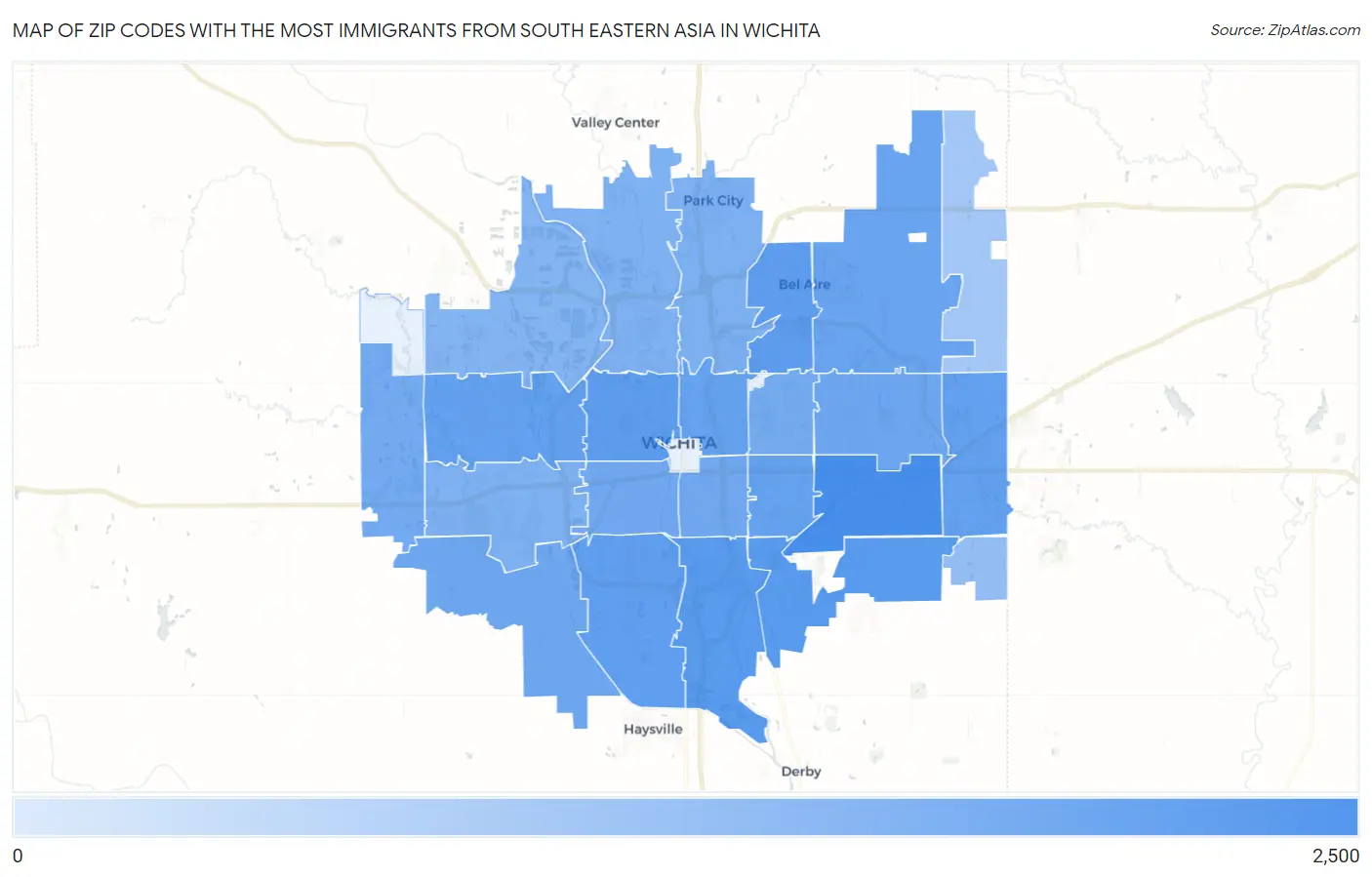 Zip Codes with the Most Immigrants from South Eastern Asia in Wichita Map