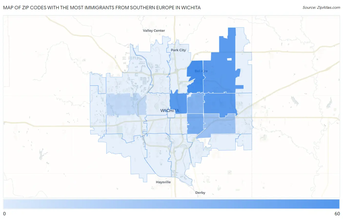 Zip Codes with the Most Immigrants from Southern Europe in Wichita Map
