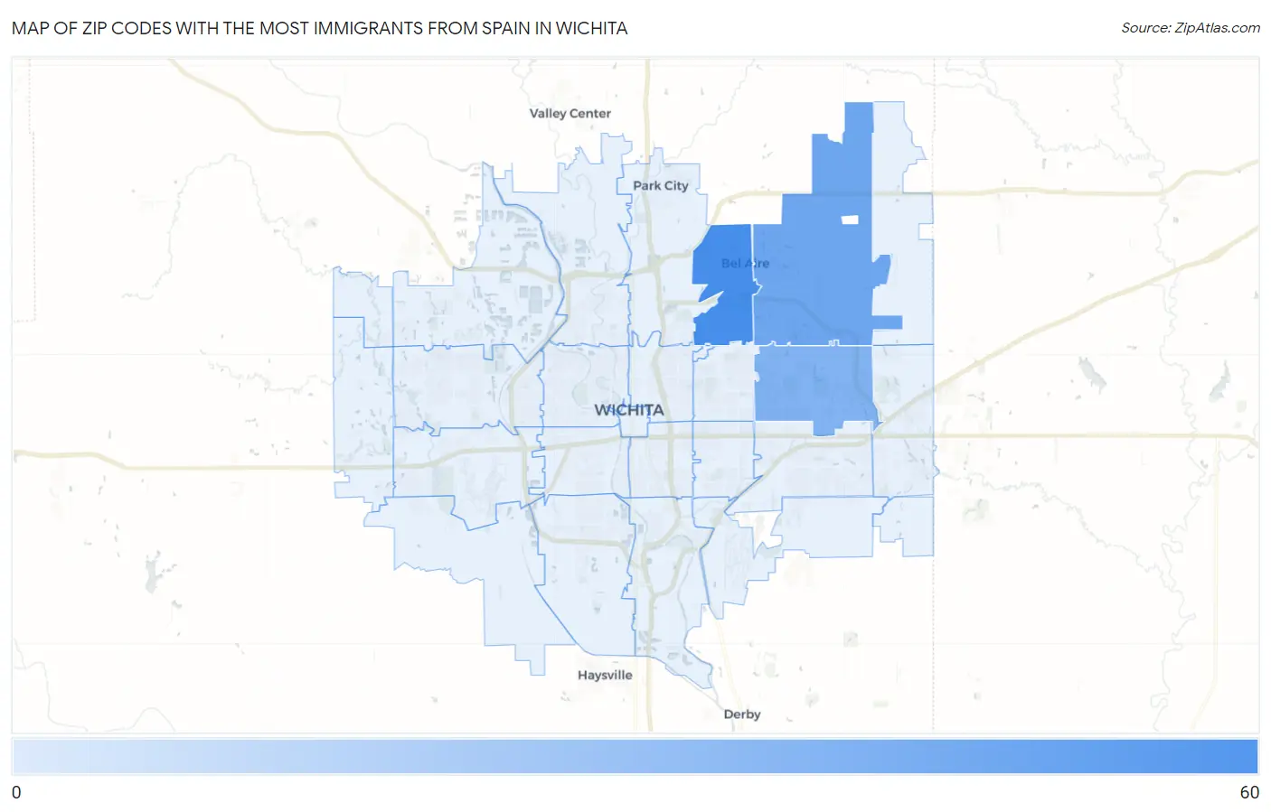 Zip Codes with the Most Immigrants from Spain in Wichita Map