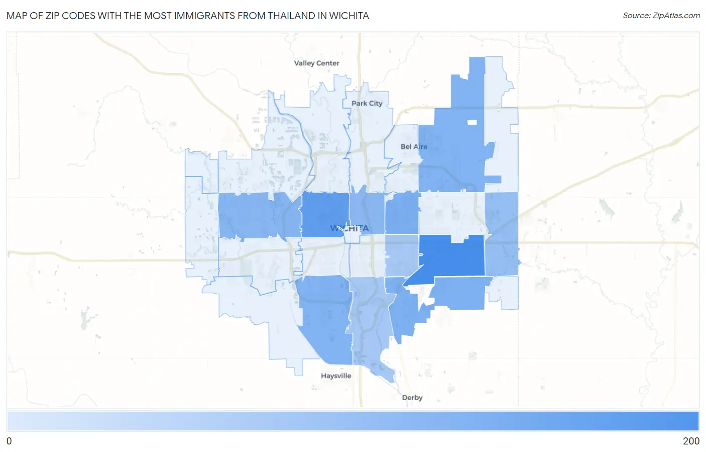 Zip Codes with the Most Immigrants from Thailand in Wichita Map