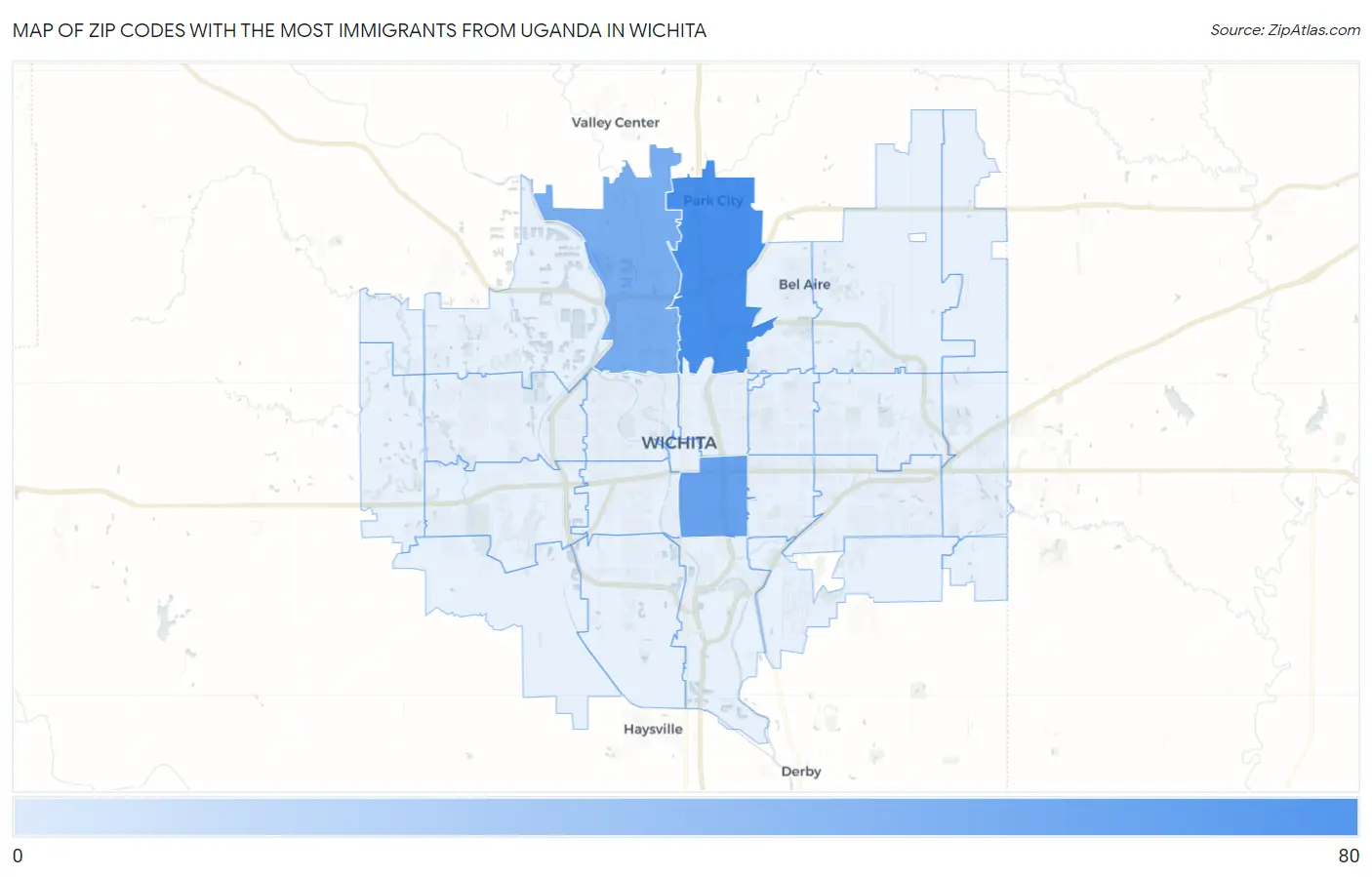 Zip Codes with the Most Immigrants from Uganda in Wichita Map