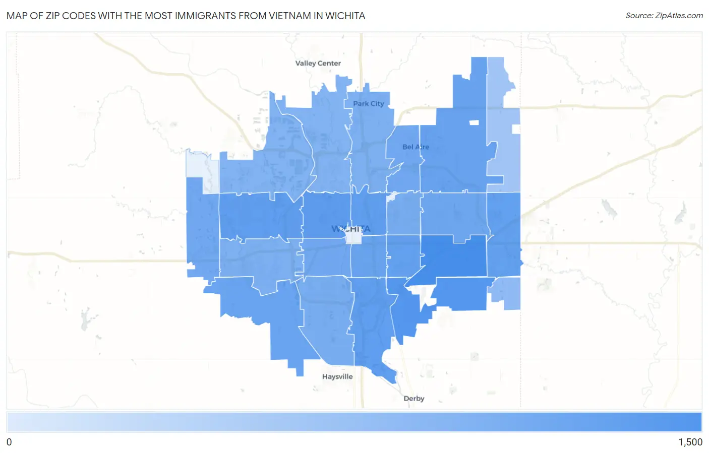 Zip Codes with the Most Immigrants from Vietnam in Wichita Map