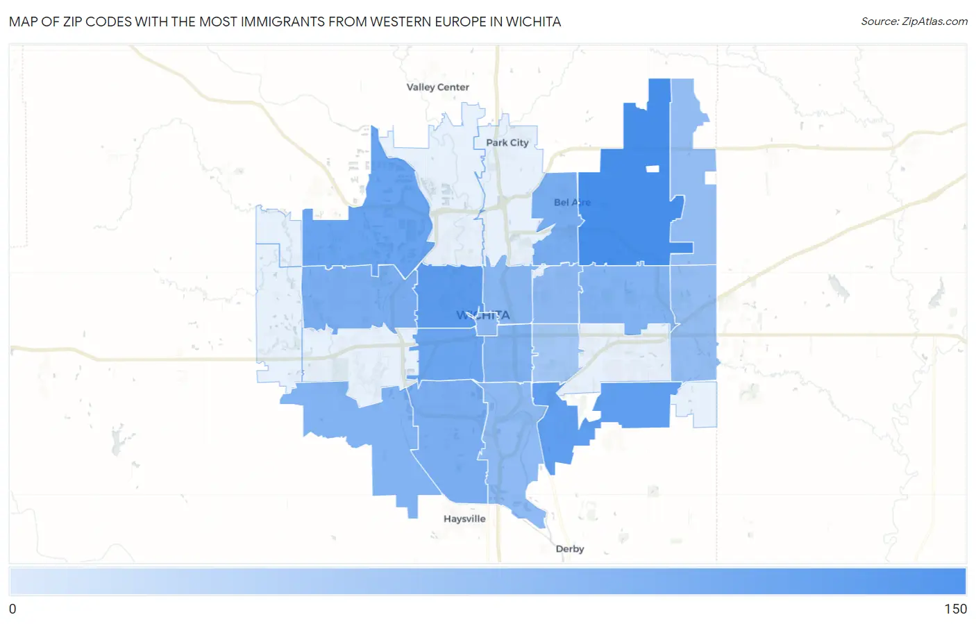 Zip Codes with the Most Immigrants from Western Europe in Wichita Map