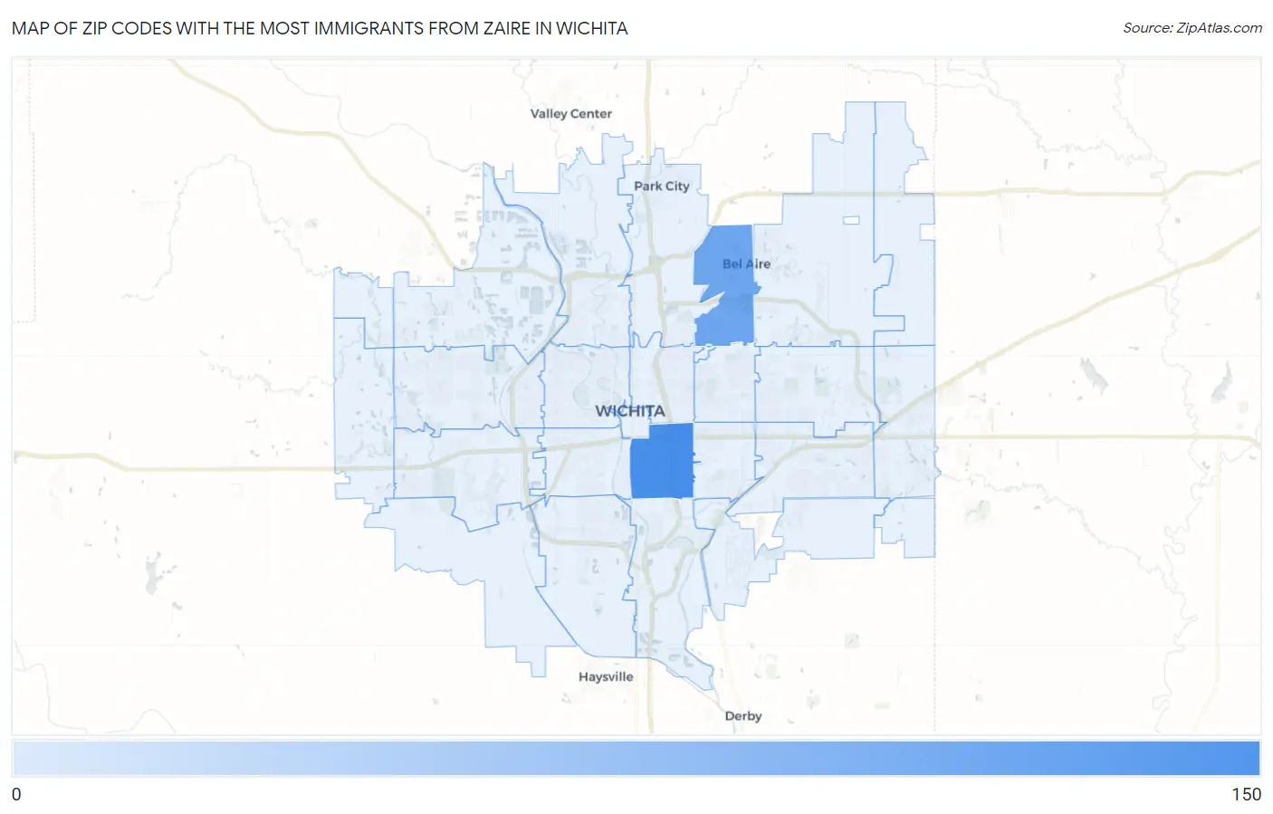 Zip Codes with the Most Immigrants from Zaire in Wichita Map