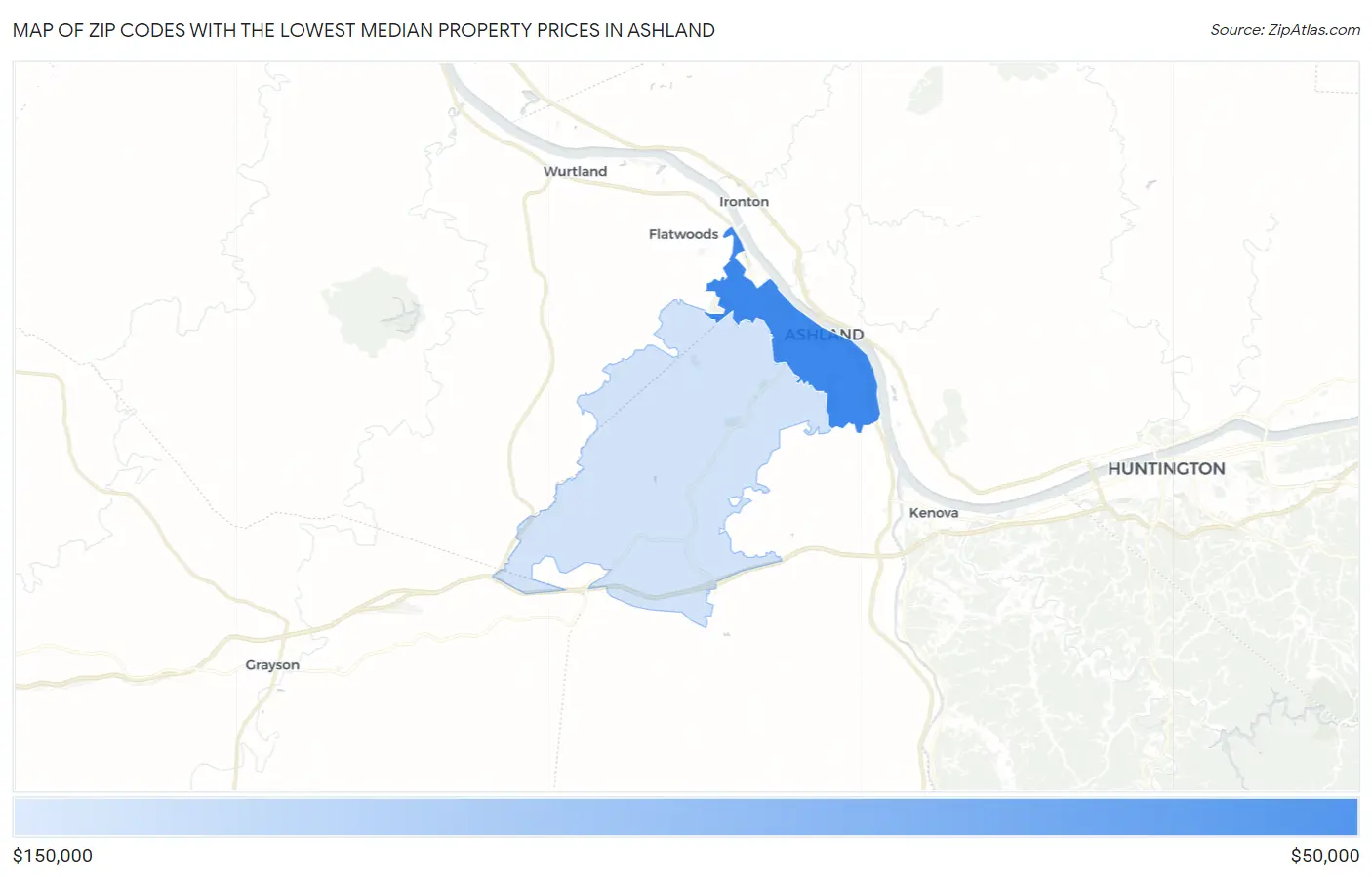 Zip Codes with the Lowest Median Property Prices in Ashland Map