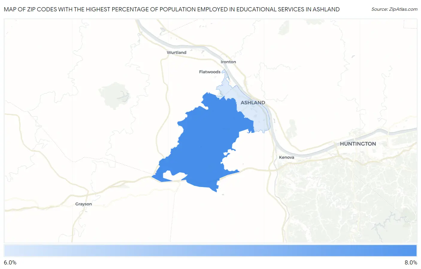 Zip Codes with the Highest Percentage of Population Employed in Educational Services in Ashland Map