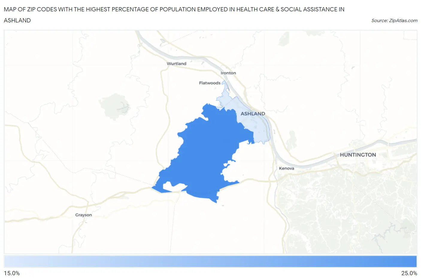 Zip Codes with the Highest Percentage of Population Employed in Health Care & Social Assistance in Ashland Map