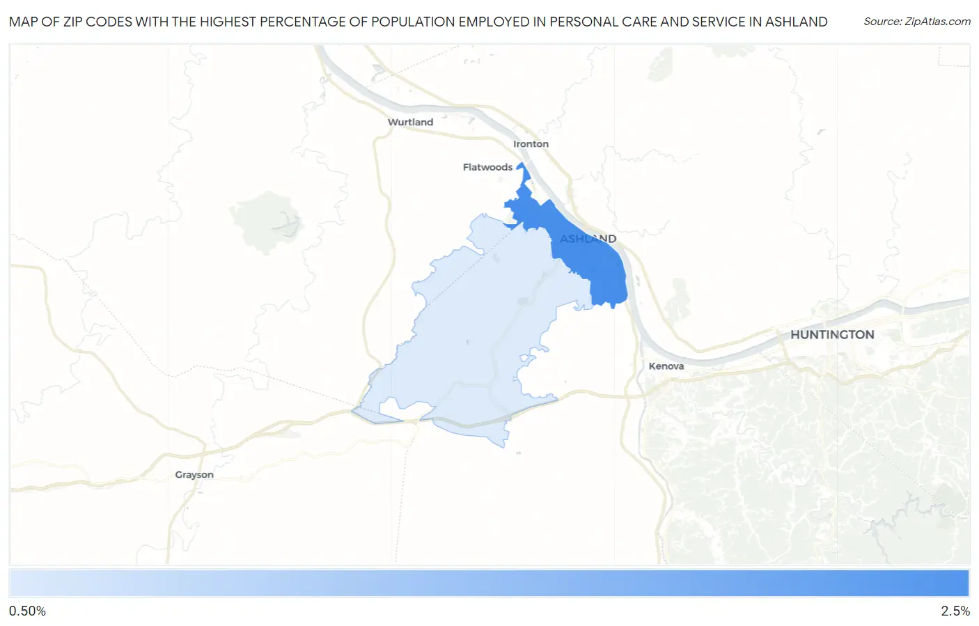 Zip Codes with the Highest Percentage of Population Employed in Personal Care and Service in Ashland Map