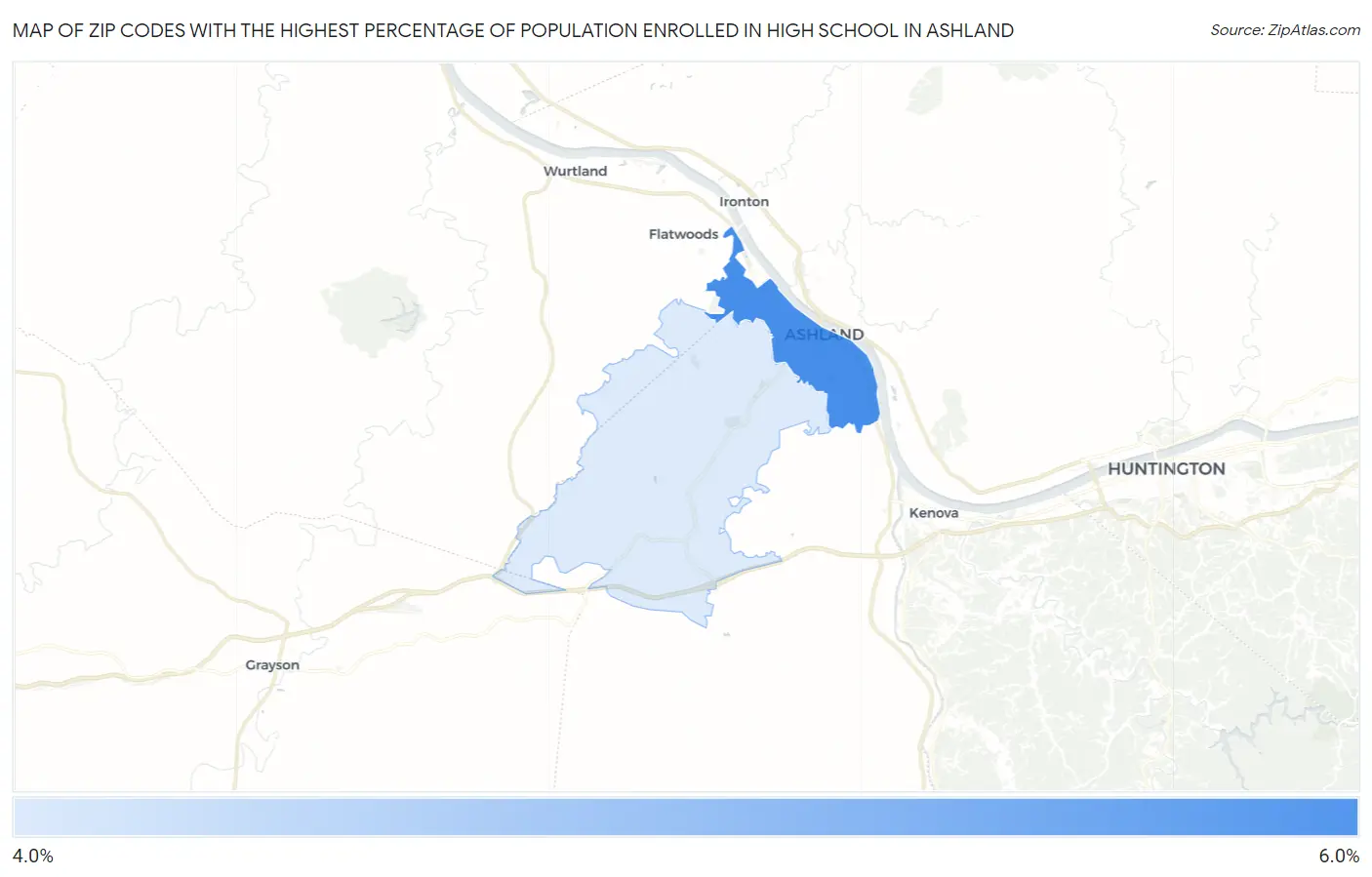 Zip Codes with the Highest Percentage of Population Enrolled in High School in Ashland Map