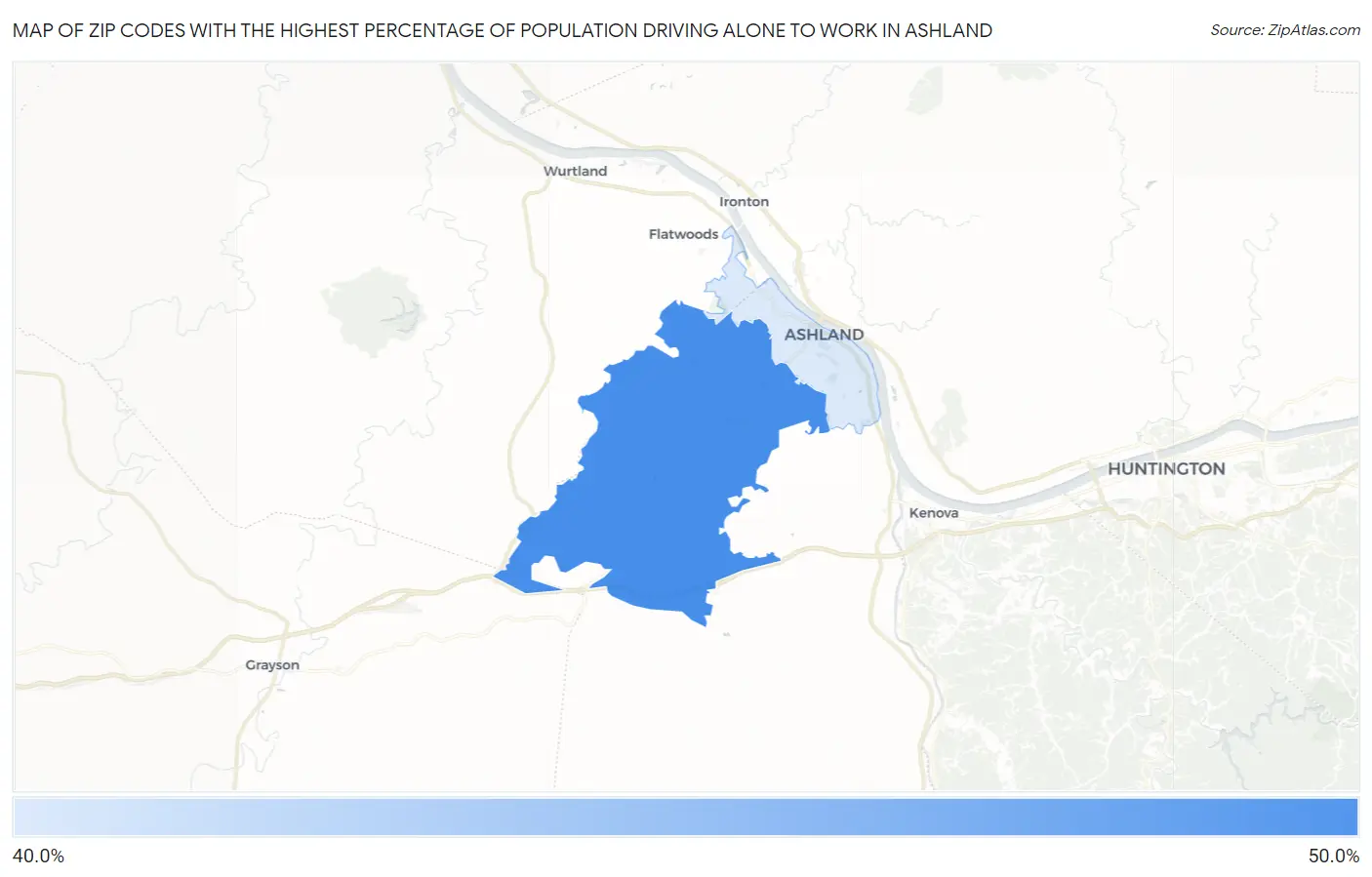 Zip Codes with the Highest Percentage of Population Driving Alone to Work in Ashland Map