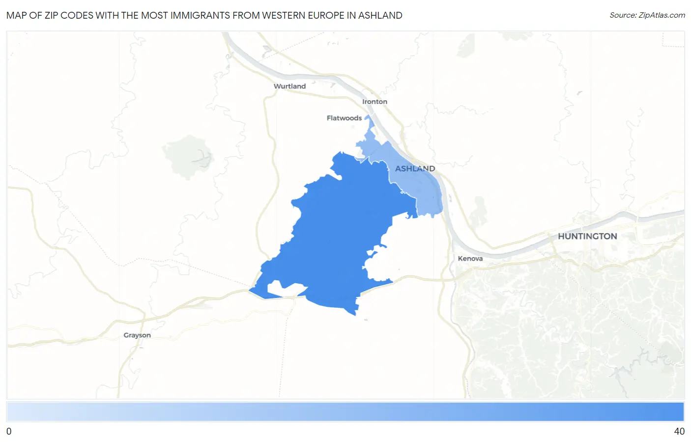 Zip Codes with the Most Immigrants from Western Europe in Ashland Map