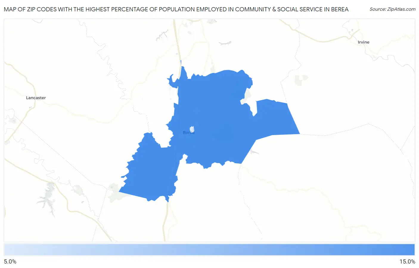 Zip Codes with the Highest Percentage of Population Employed in Community & Social Service  in Berea Map
