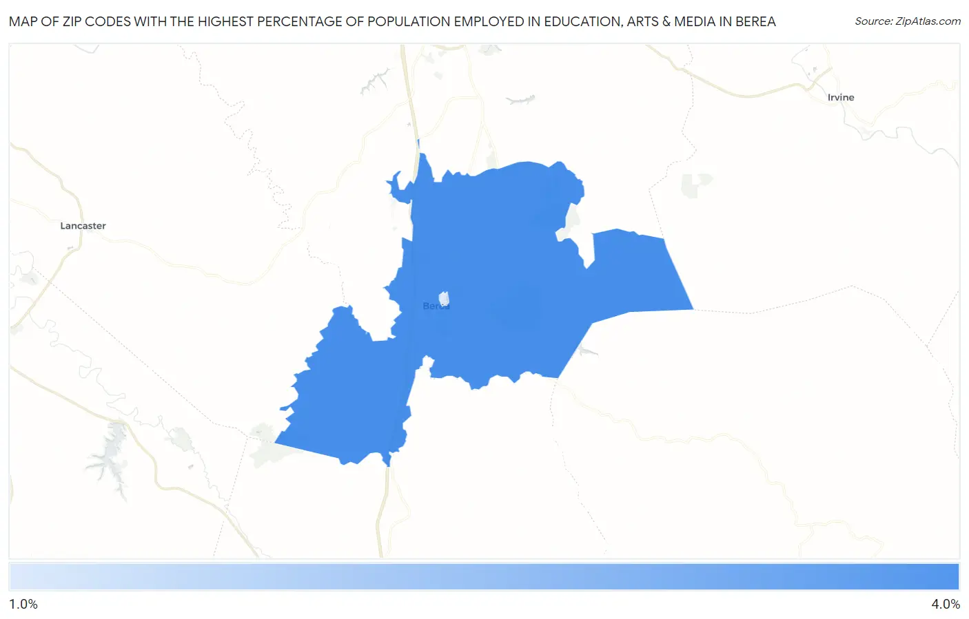 Zip Codes with the Highest Percentage of Population Employed in Education, Arts & Media in Berea Map