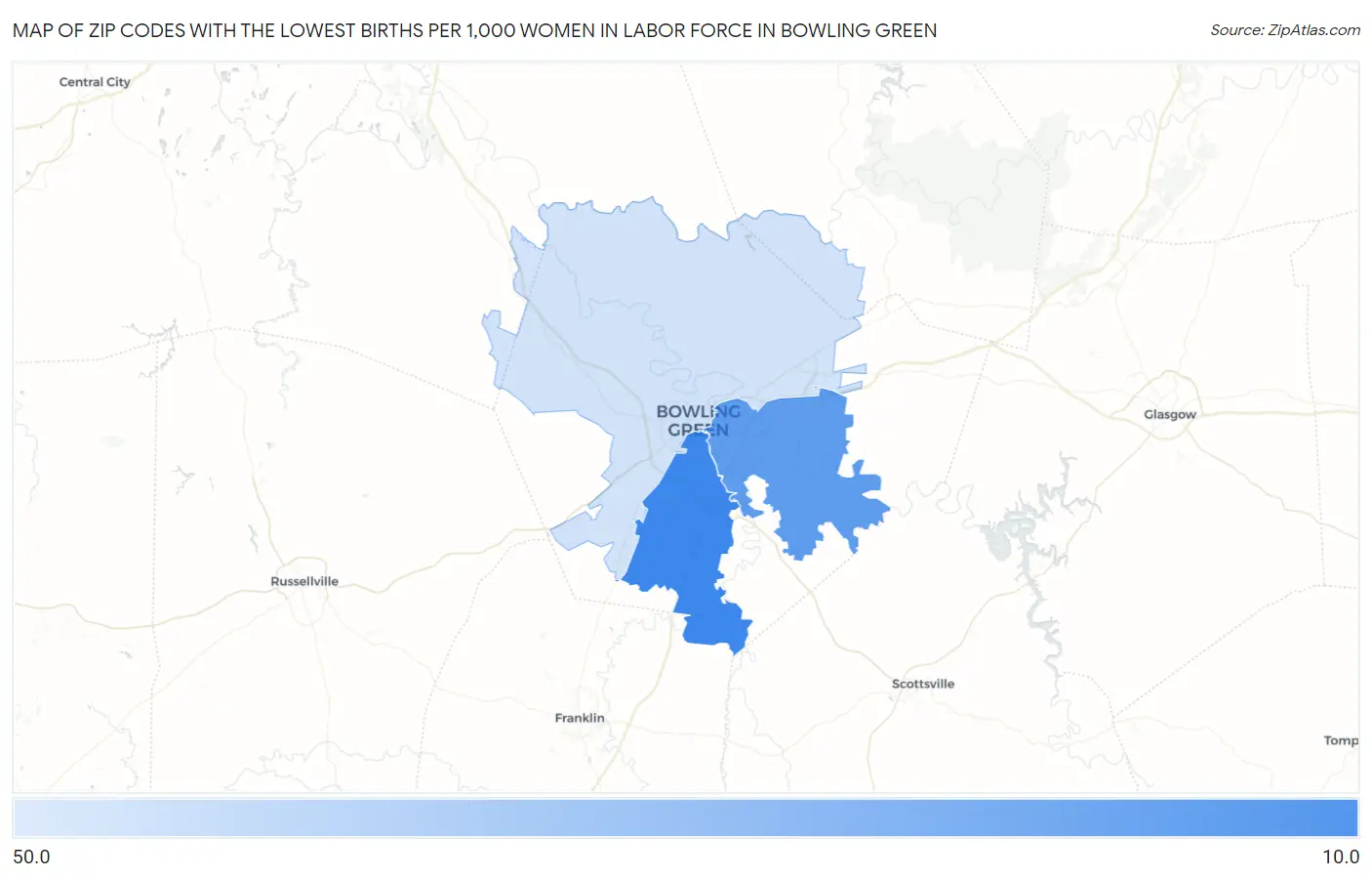 Zip Codes with the Lowest Births per 1,000 Women in Labor Force in Bowling Green Map