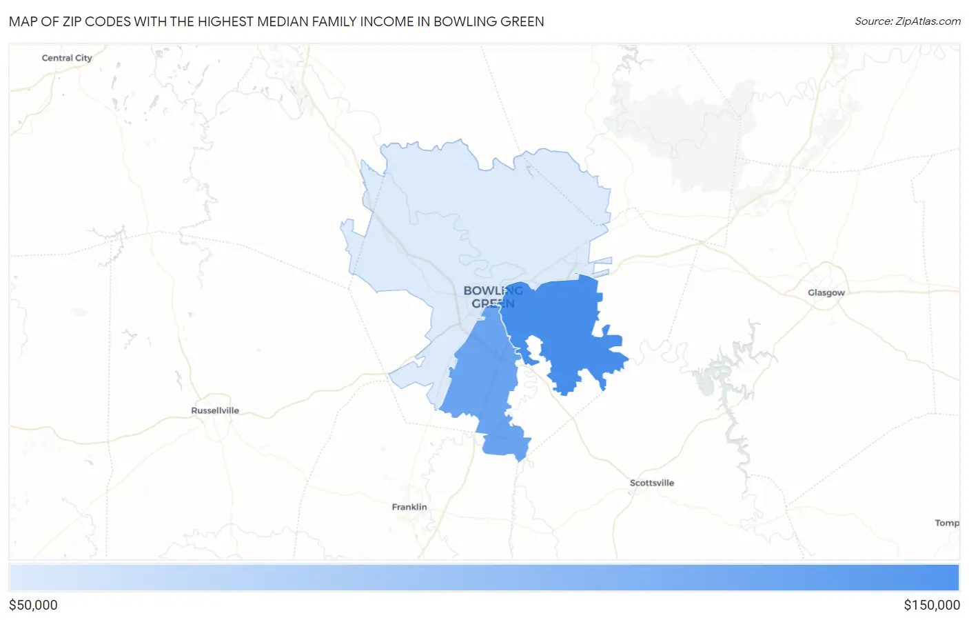 Zip Codes with the Highest Median Family Income in Bowling Green Map