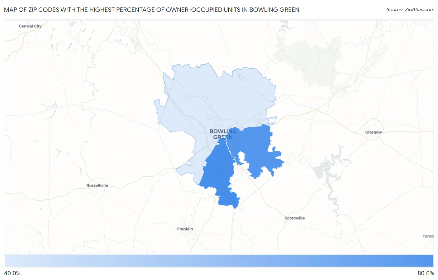Zip Codes with the Highest Percentage of Owner-Occupied Units in Bowling Green Map