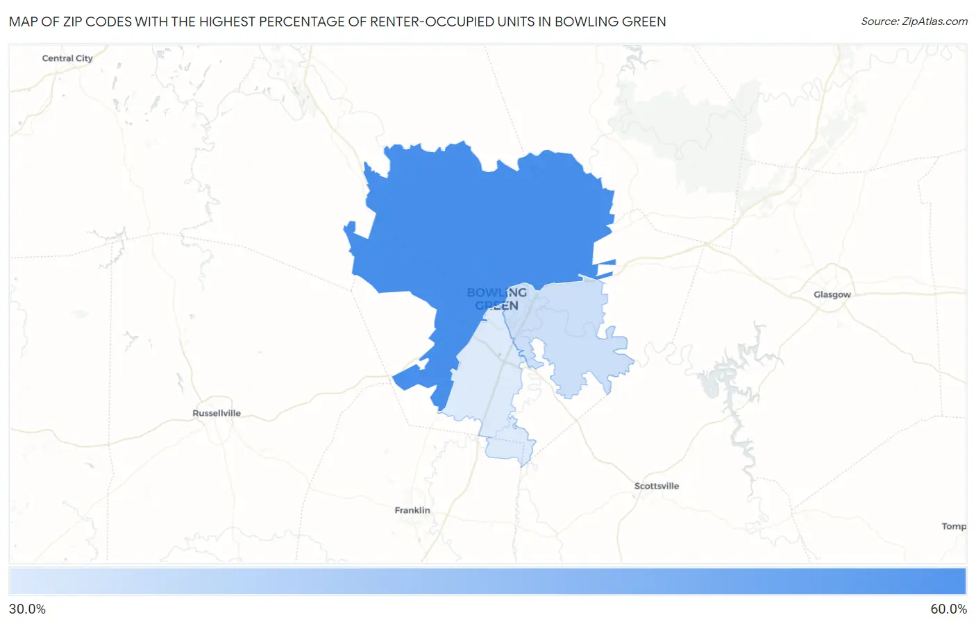Zip Codes with the Highest Percentage of Renter-Occupied Units in Bowling Green Map