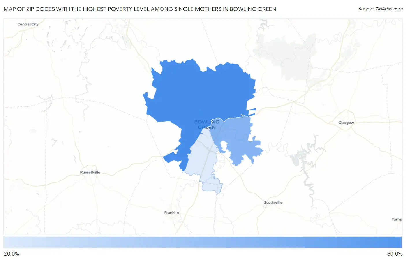 Zip Codes with the Highest Poverty Level Among Single Mothers in Bowling Green Map