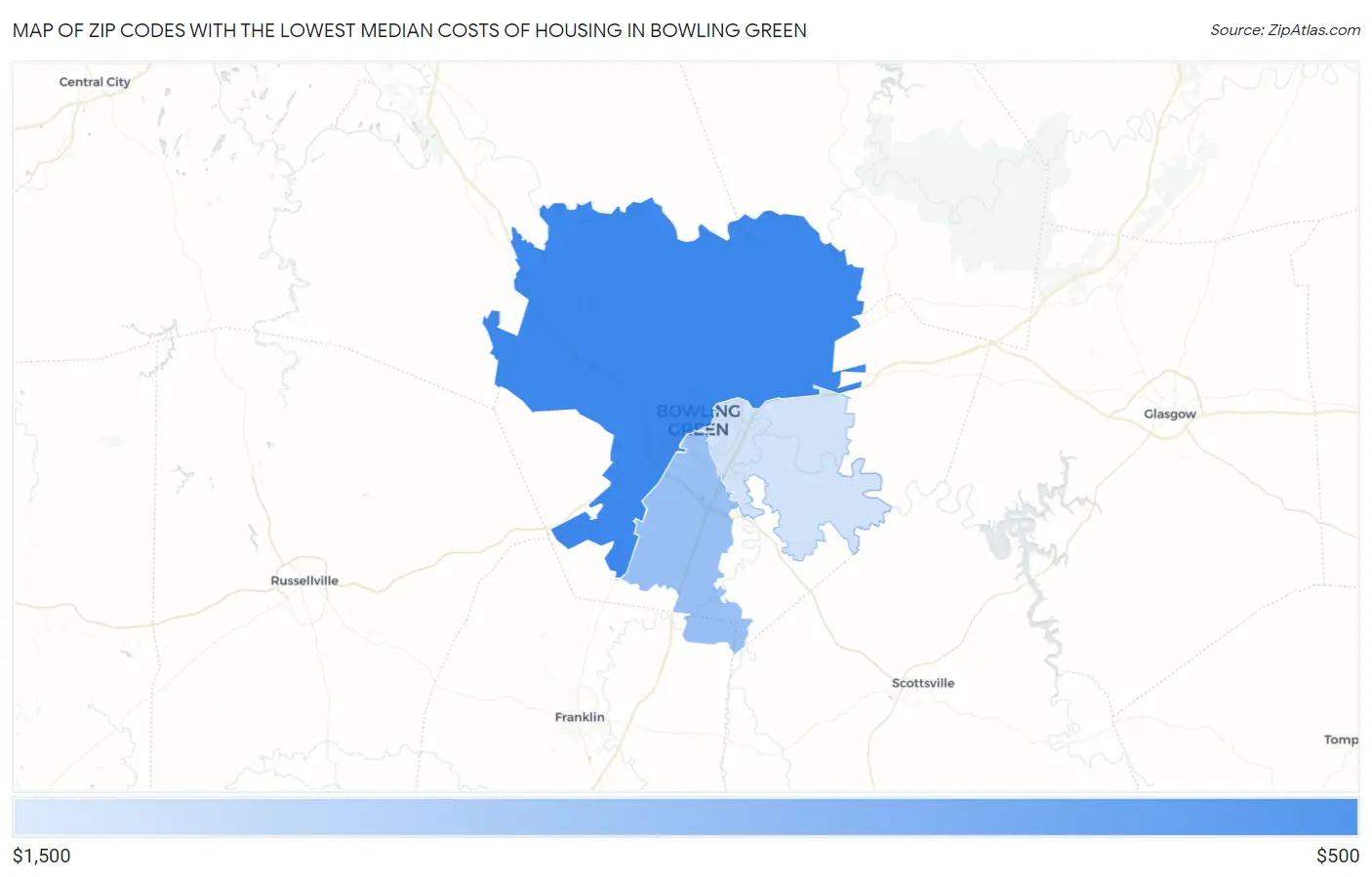 Zip Codes with the Lowest Median Costs of Housing in Bowling Green Map