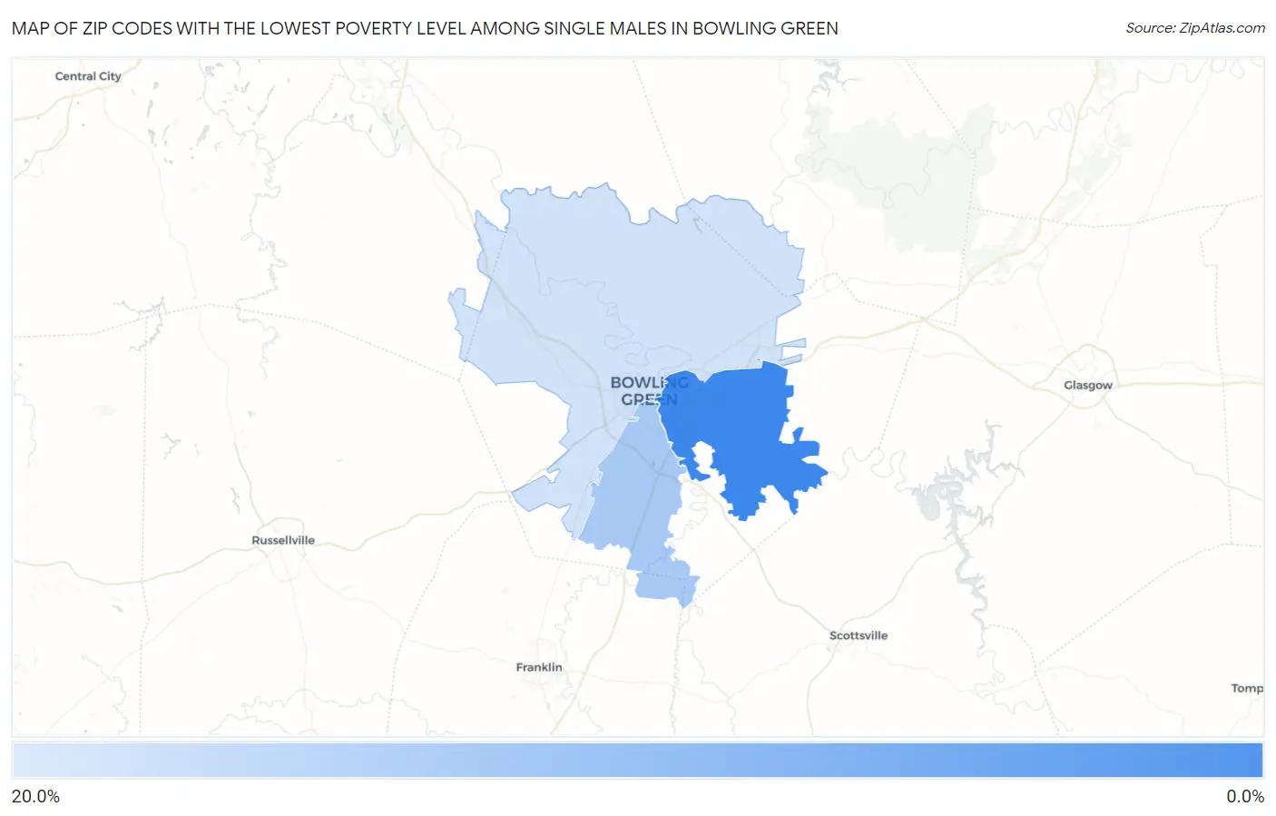 Zip Codes with the Lowest Poverty Level Among Single Males in Bowling Green Map