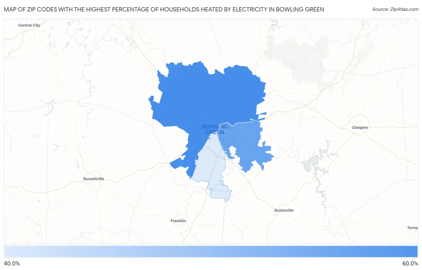 Zip Codes with the Highest Percentage of Households Heated by Electricity in Bowling Green Map