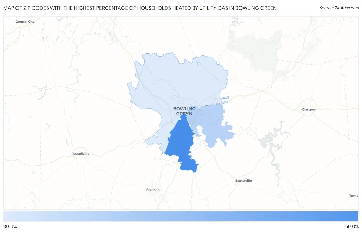 Zip Codes with the Highest Percentage of Households Heated by Utility Gas in Bowling Green Map