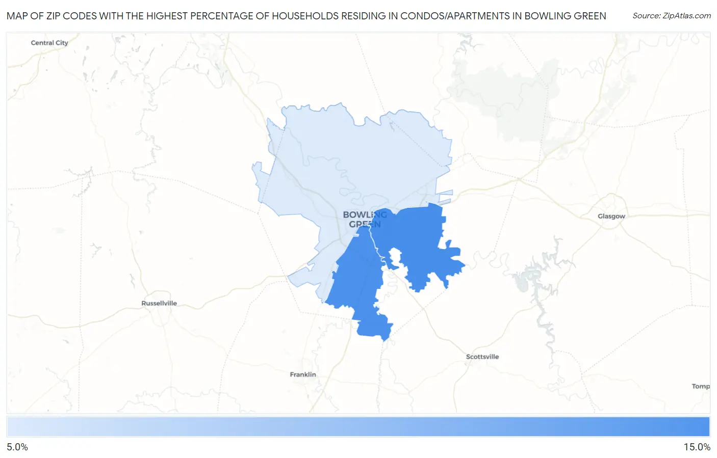 Zip Codes with the Highest Percentage of Households Residing in Condos/Apartments in Bowling Green Map