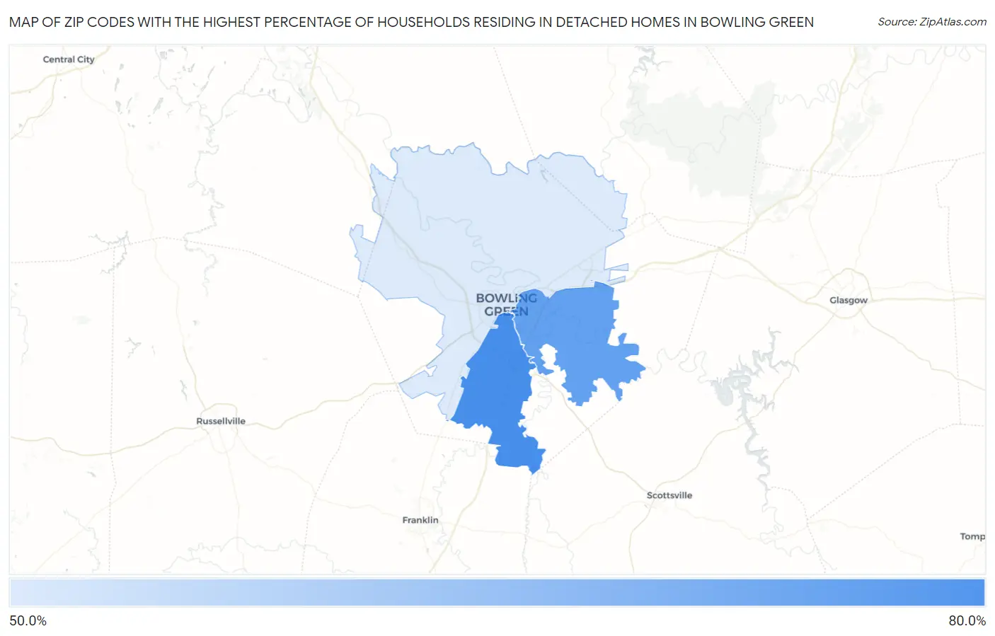 Zip Codes with the Highest Percentage of Households Residing in Detached Homes in Bowling Green Map