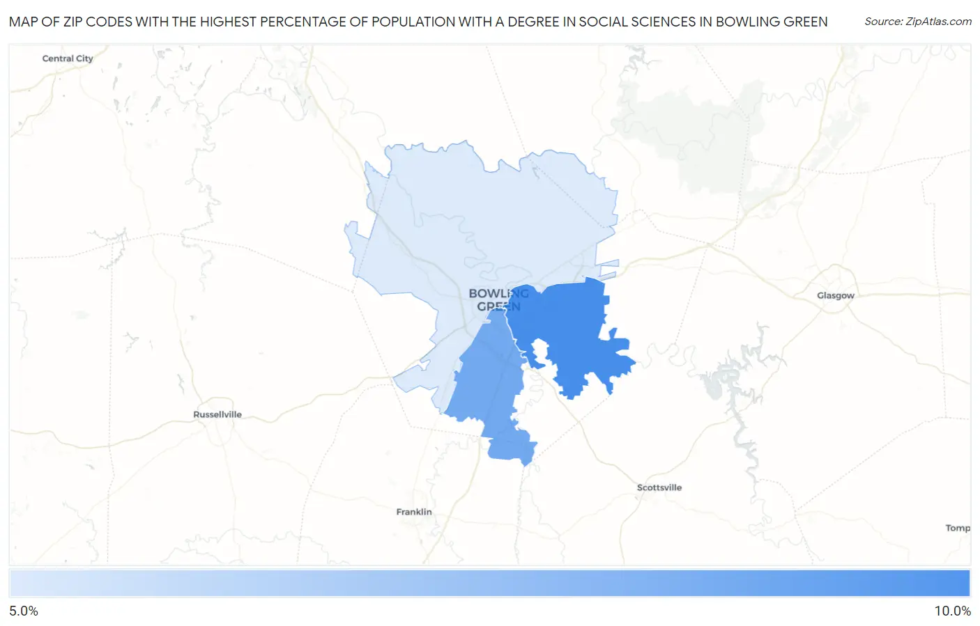 Zip Codes with the Highest Percentage of Population with a Degree in Social Sciences in Bowling Green Map