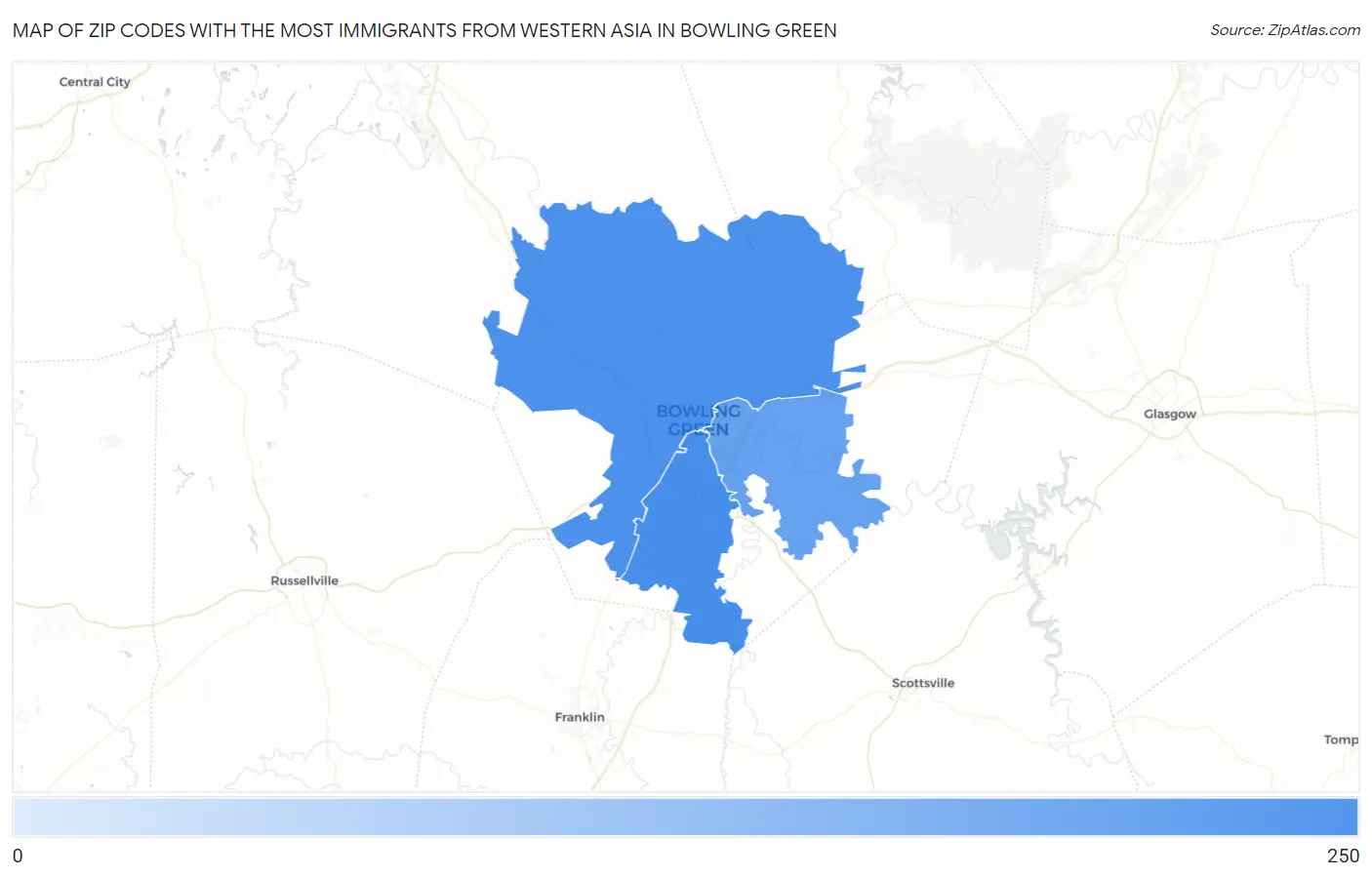 Zip Codes with the Most Immigrants from Western Asia in Bowling Green Map