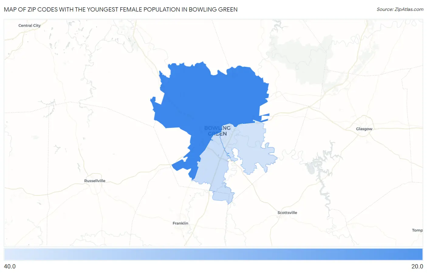 Zip Codes with the Youngest Female Population in Bowling Green Map