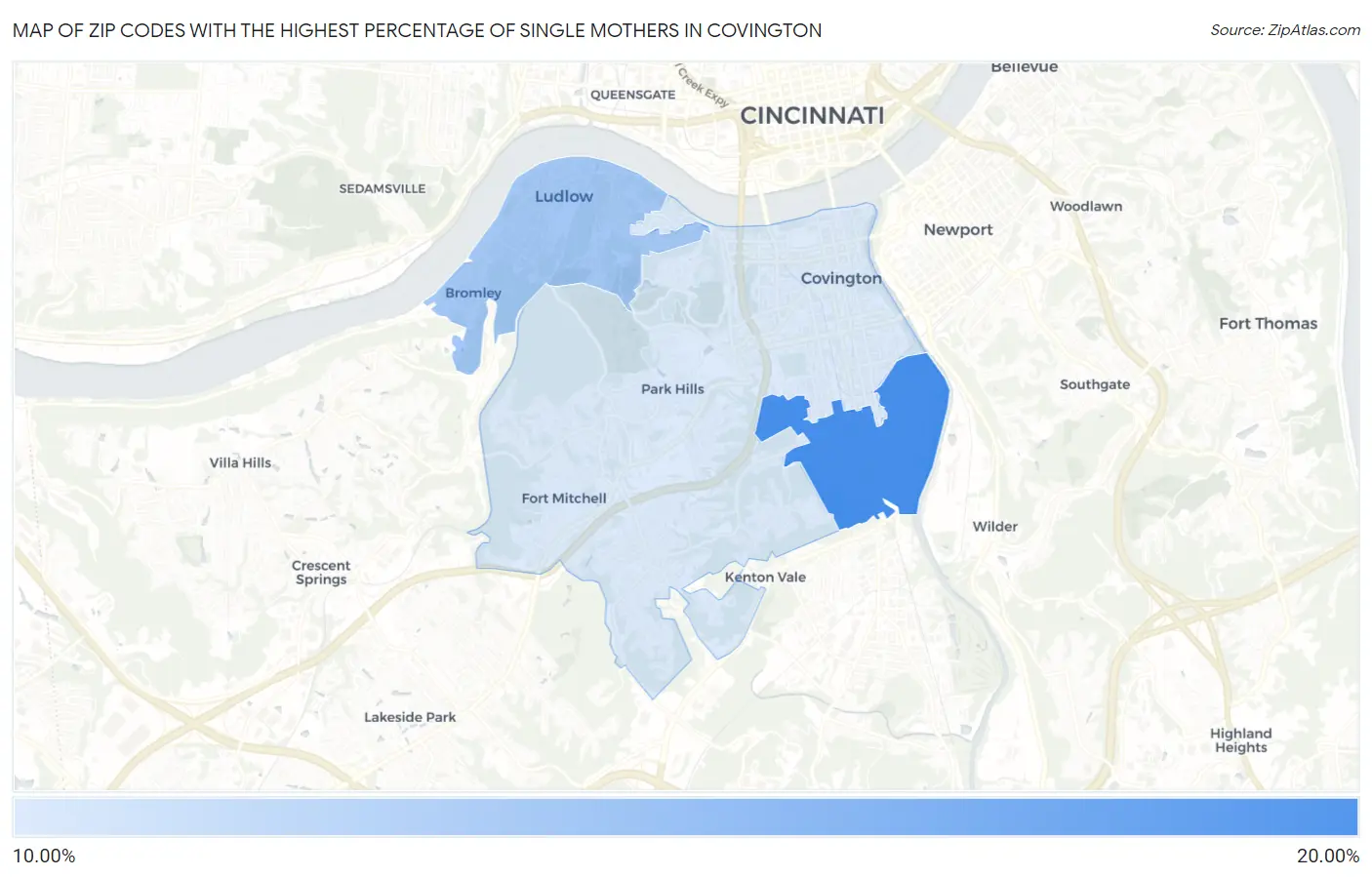 Zip Codes with the Highest Percentage of Single Mothers in Covington Map