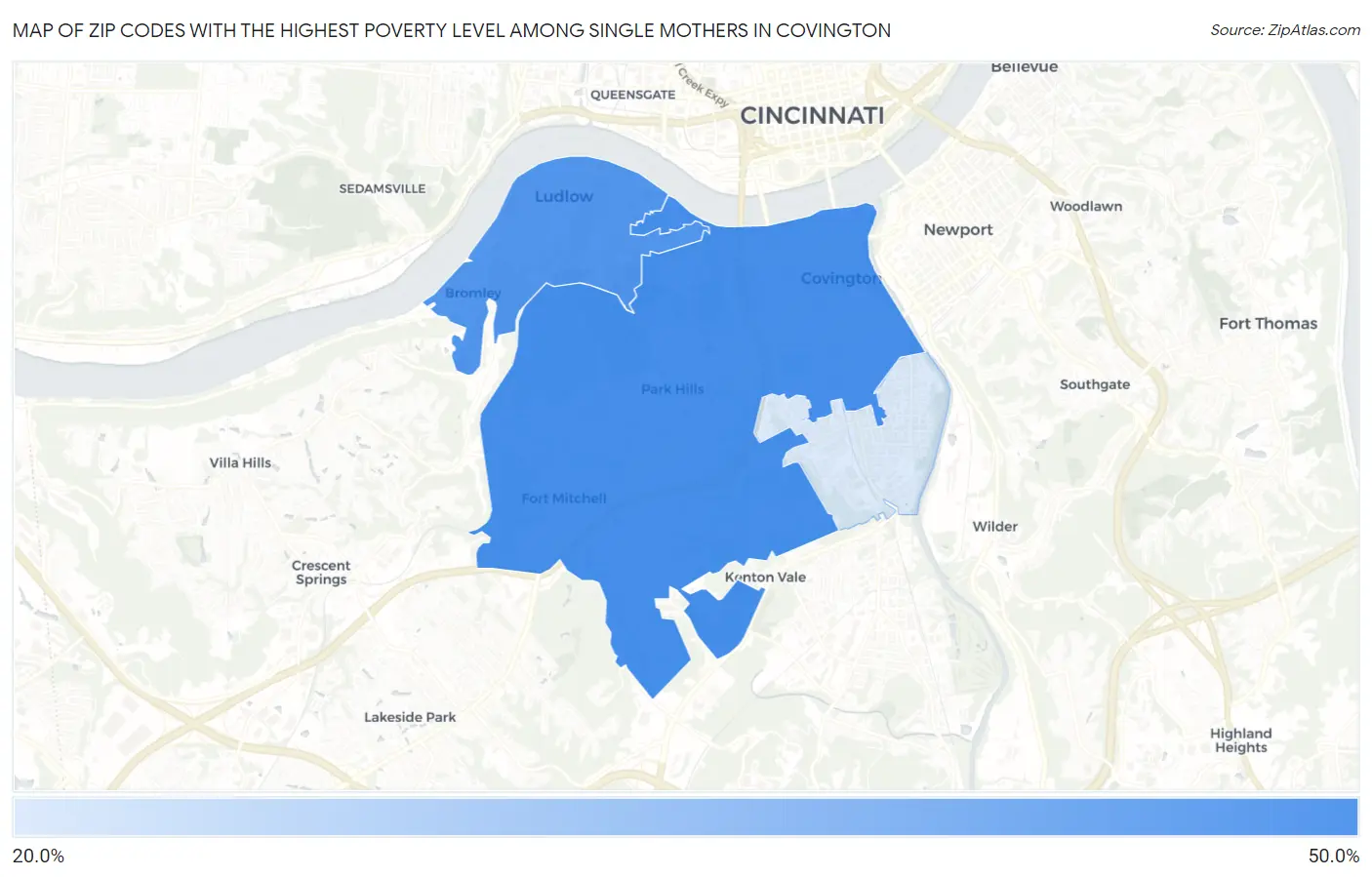 Zip Codes with the Highest Poverty Level Among Single Mothers in Covington Map