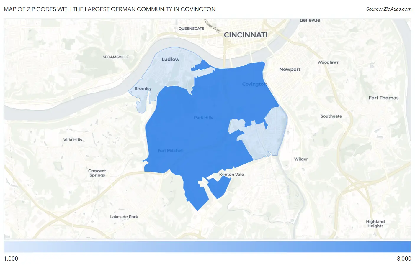 Zip Codes with the Largest German Community in Covington Map